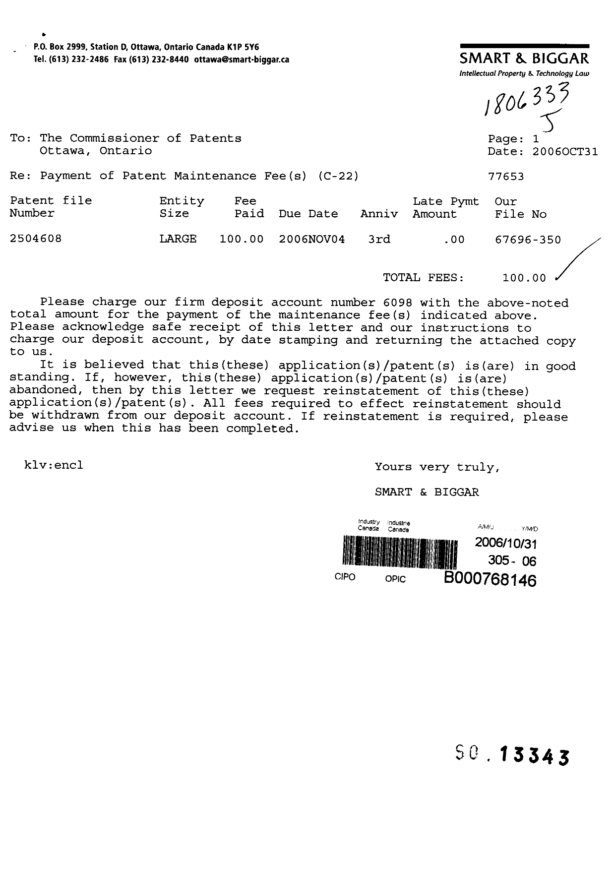 Document de brevet canadien 2504608. Taxes 20061031. Image 1 de 1