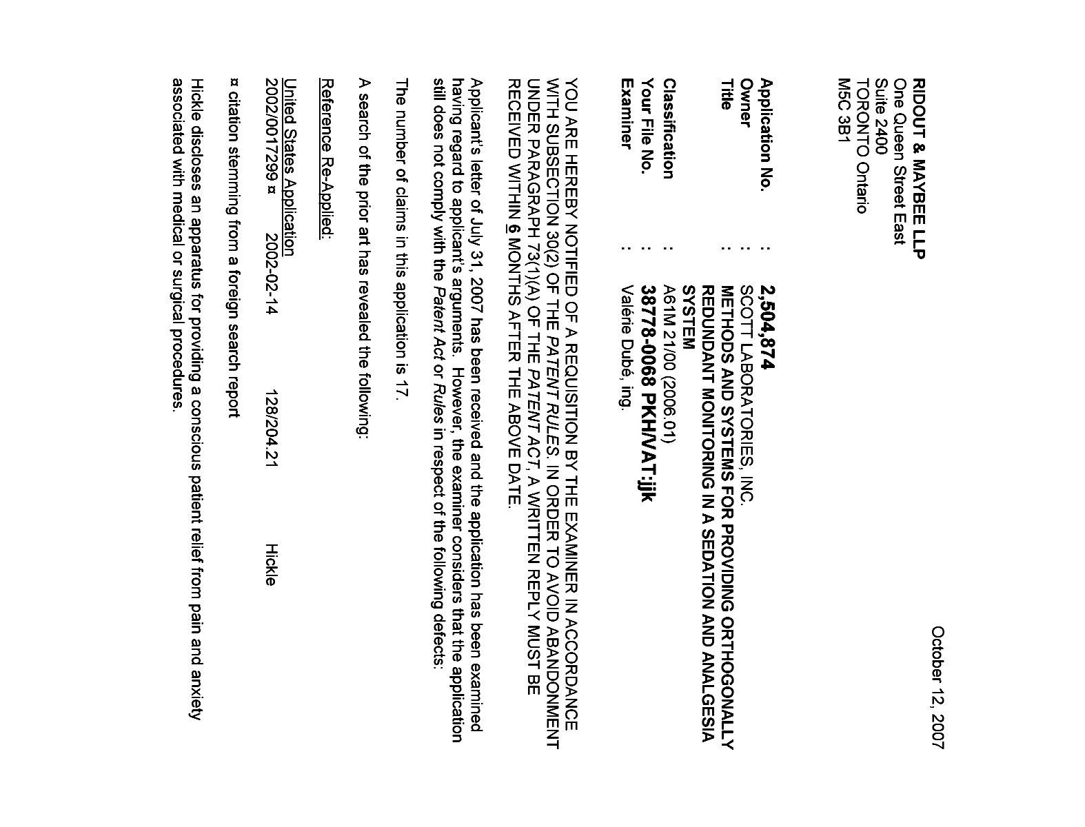 Canadian Patent Document 2504874. Prosecution-Amendment 20071012. Image 1 of 2
