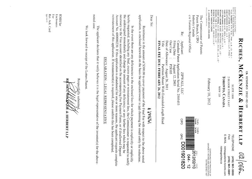 Document de brevet canadien 2505453. Correspondance 20120210. Image 1 de 1