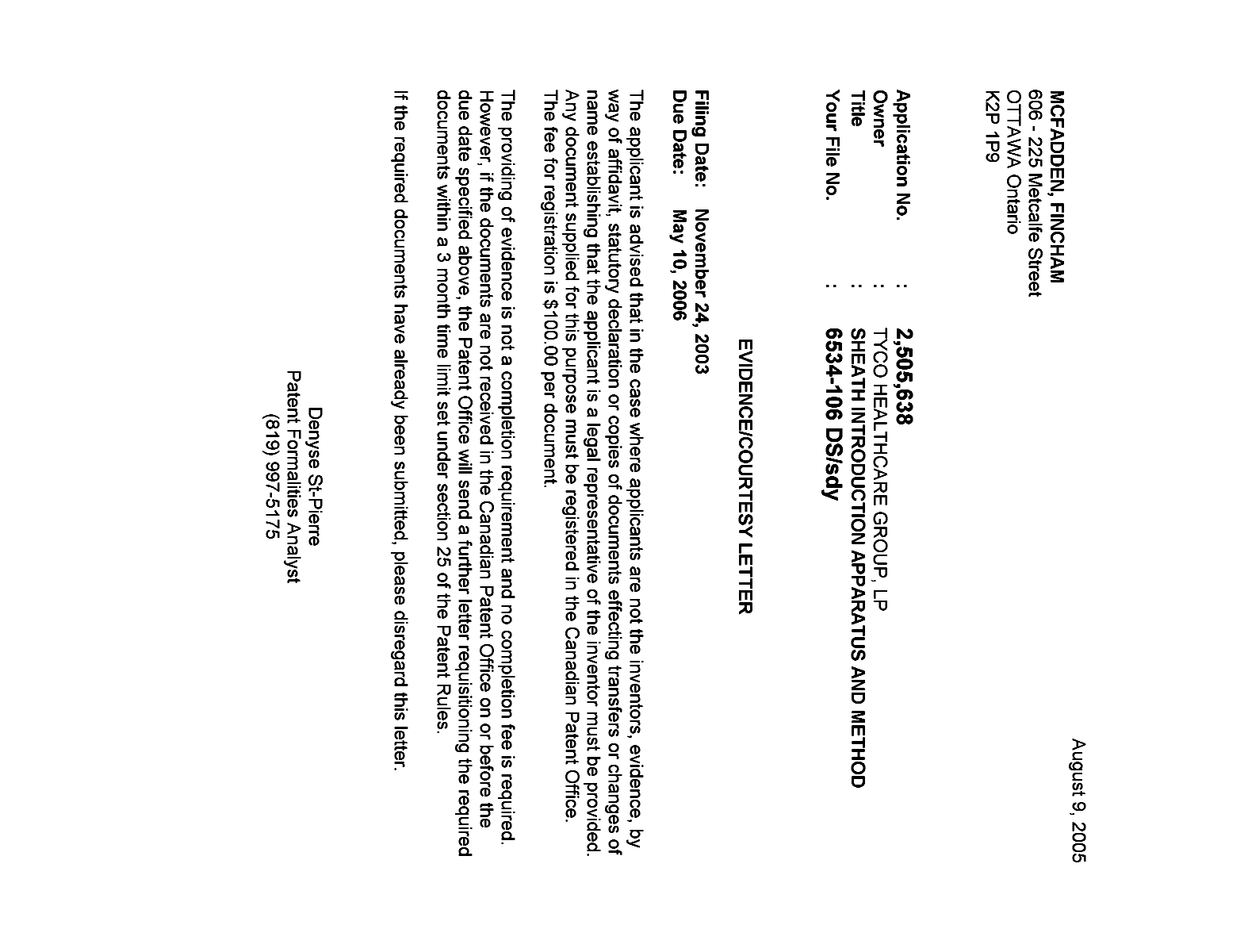 Document de brevet canadien 2505638. Correspondance 20050808. Image 1 de 1