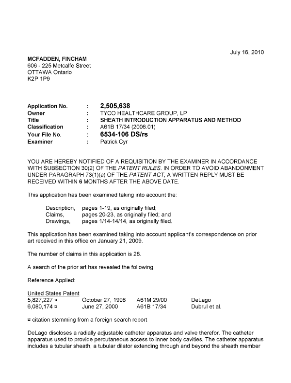 Document de brevet canadien 2505638. Poursuite-Amendment 20100716. Image 1 de 3