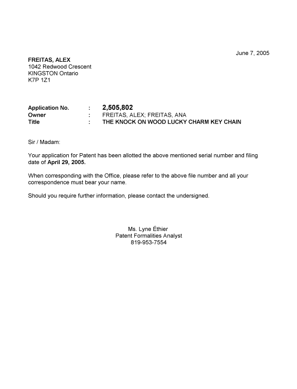 Canadian Patent Document 2505802. Correspondence 20050602. Image 1 of 1