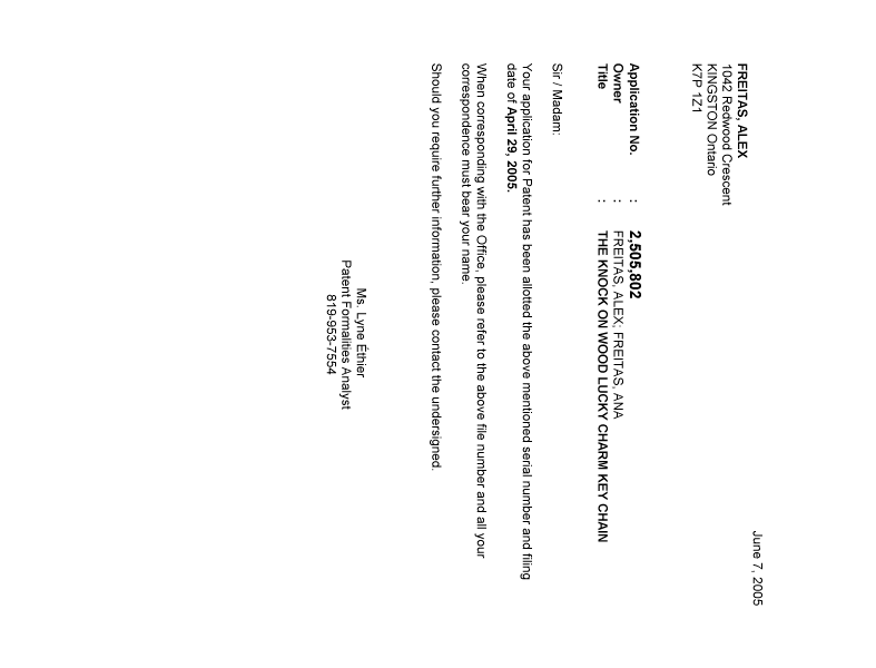 Document de brevet canadien 2505802. Correspondance 20050602. Image 1 de 1