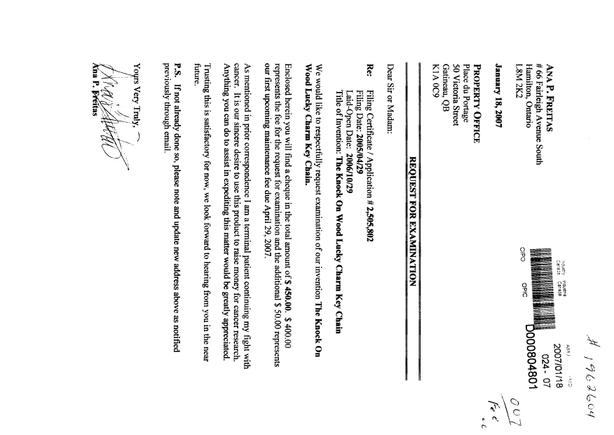 Document de brevet canadien 2505802. Taxes 20070118. Image 1 de 1
