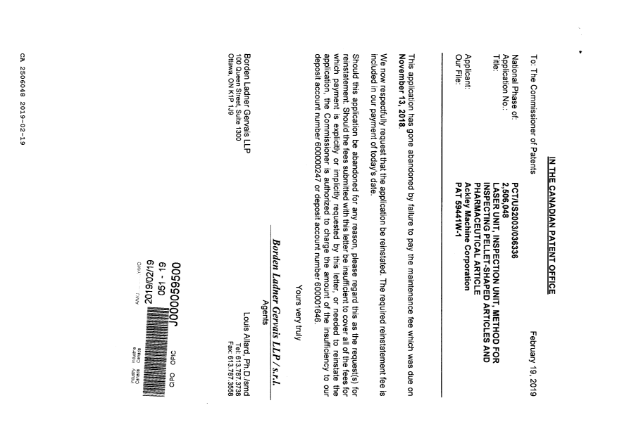 Document de brevet canadien 2506048. Taxes 20181219. Image 2 de 2