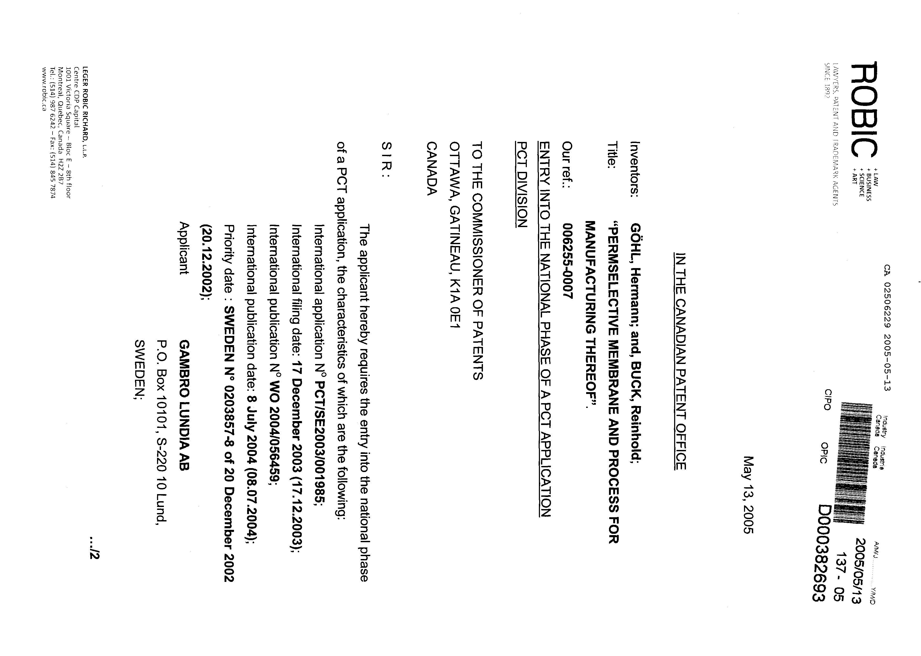 Canadian Patent Document 2506229. Assignment 20050513. Image 1 of 5