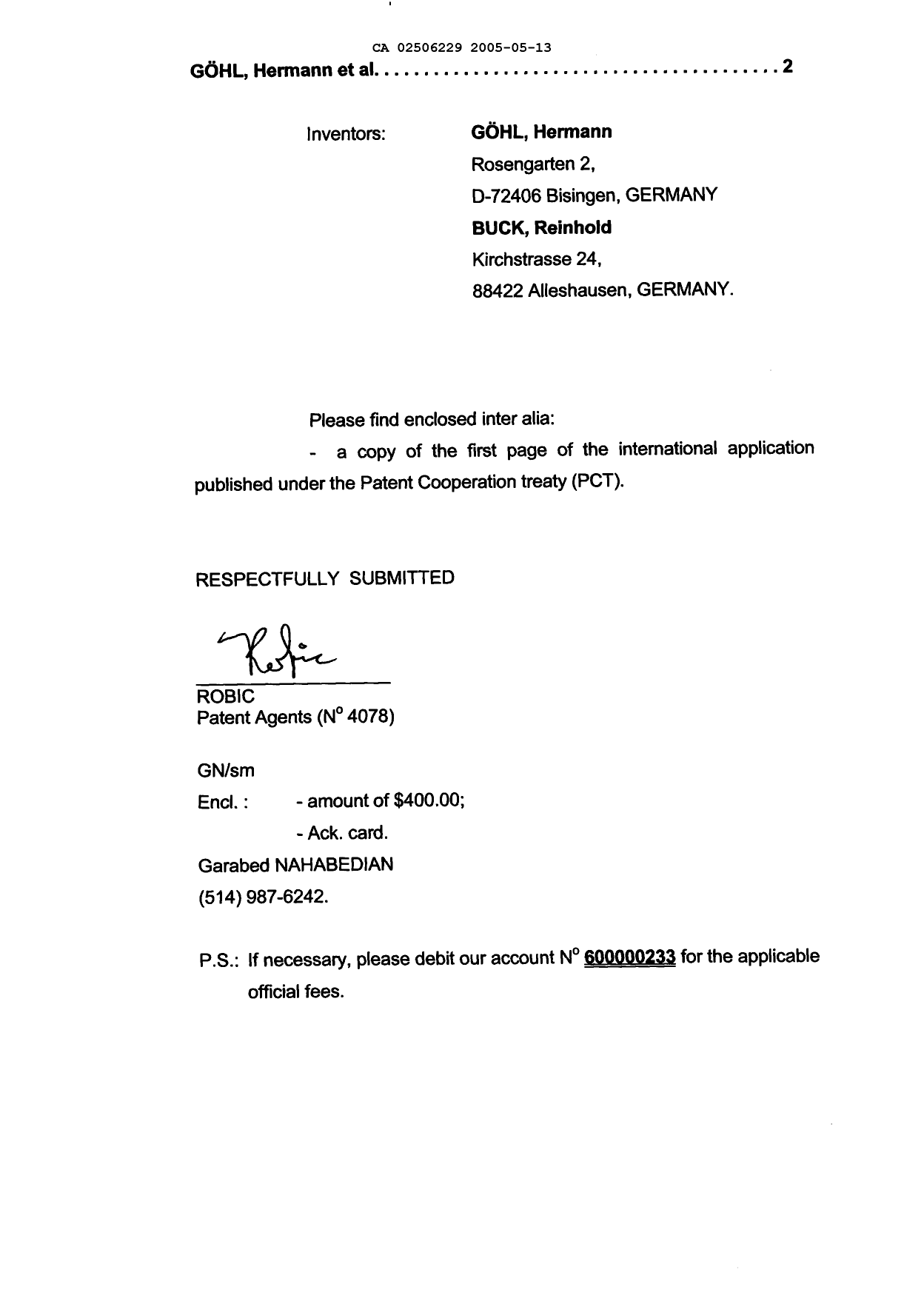 Document de brevet canadien 2506229. Cession 20050513. Image 2 de 5