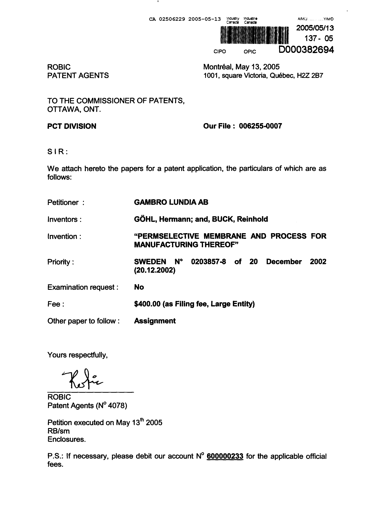 Canadian Patent Document 2506229. Assignment 20050513. Image 3 of 5
