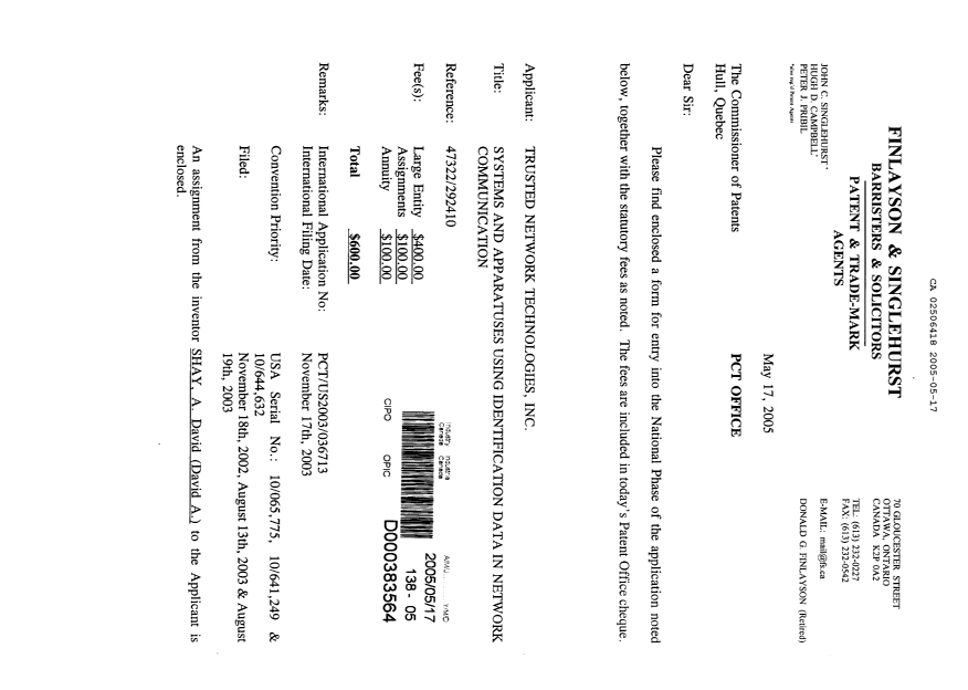Document de brevet canadien 2506418. Cession 20050517. Image 1 de 7
