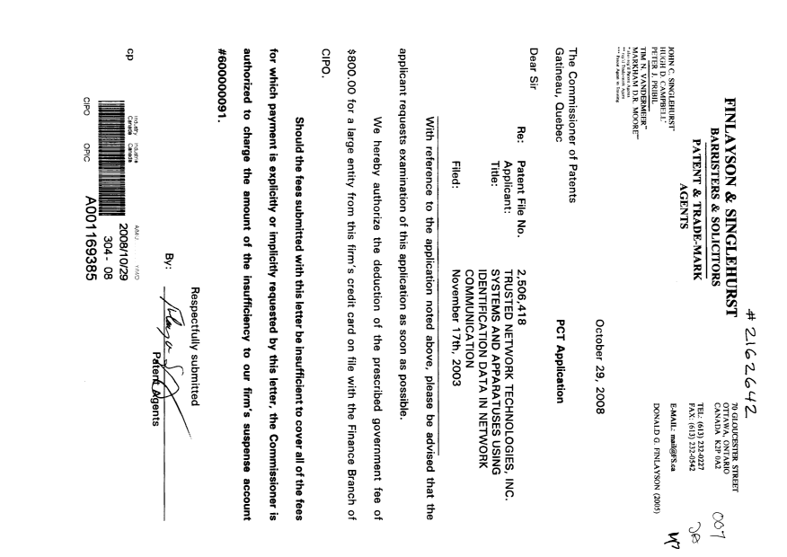 Document de brevet canadien 2506418. Poursuite-Amendment 20081029. Image 1 de 1