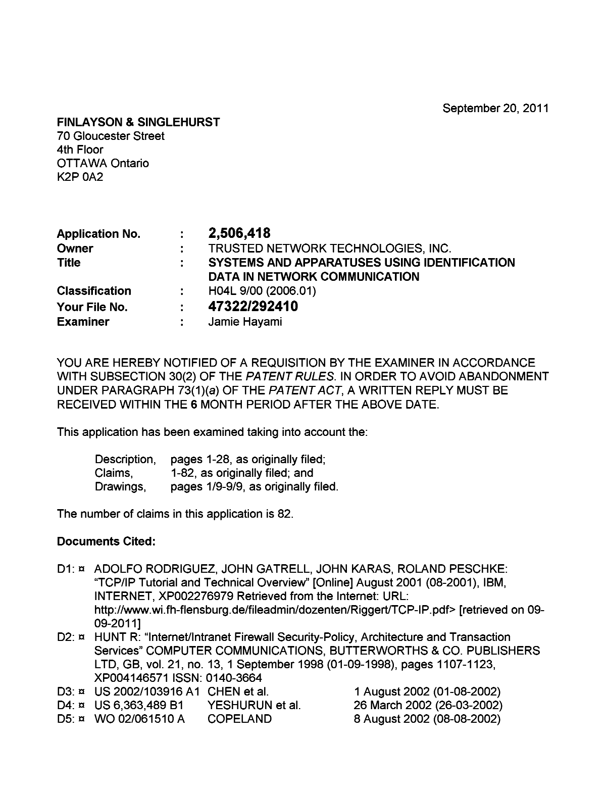 Document de brevet canadien 2506418. Poursuite-Amendment 20110920. Image 1 de 4