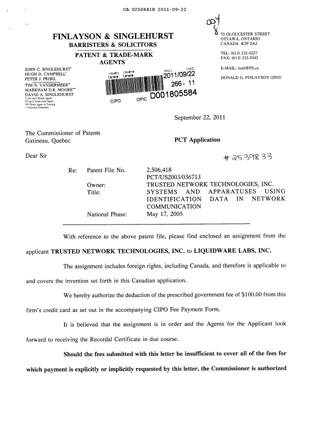 Document de brevet canadien 2506418. Cession 20110922. Image 1 de 8