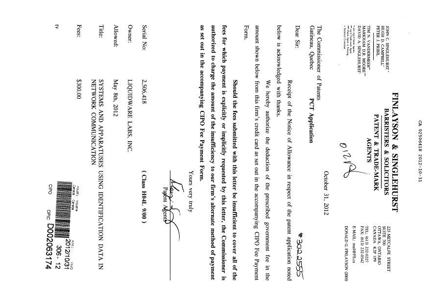 Document de brevet canadien 2506418. Correspondance 20121031. Image 1 de 1