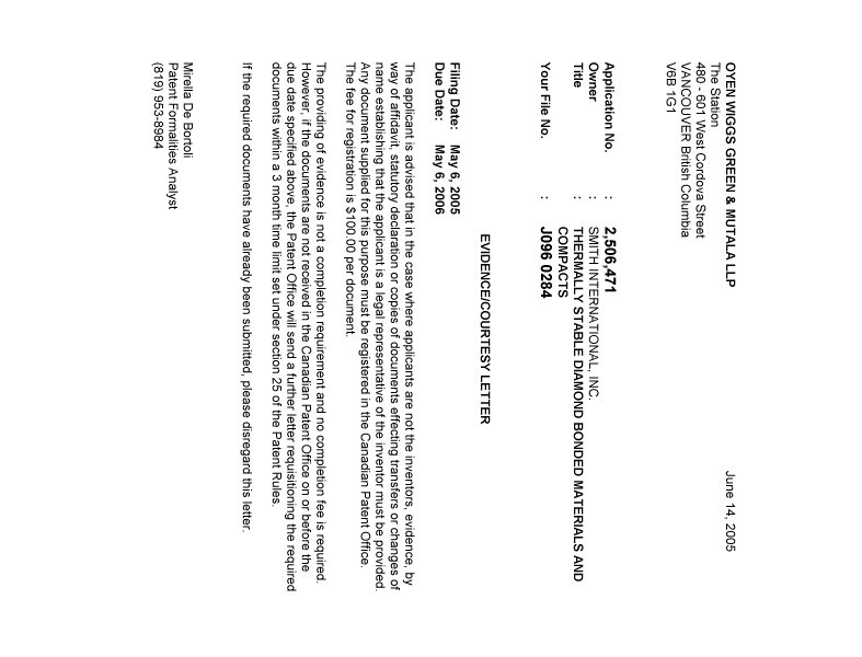 Document de brevet canadien 2506471. Correspondance 20050610. Image 1 de 1