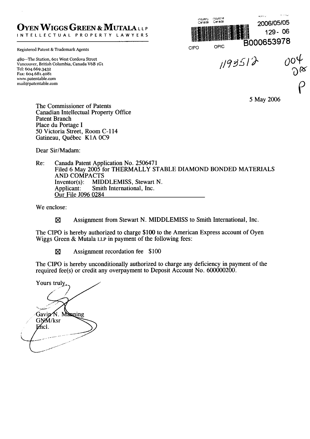 Document de brevet canadien 2506471. Cession 20060505. Image 1 de 3