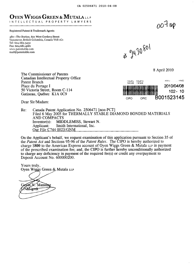 Canadian Patent Document 2506471. Prosecution-Amendment 20100408. Image 1 of 1