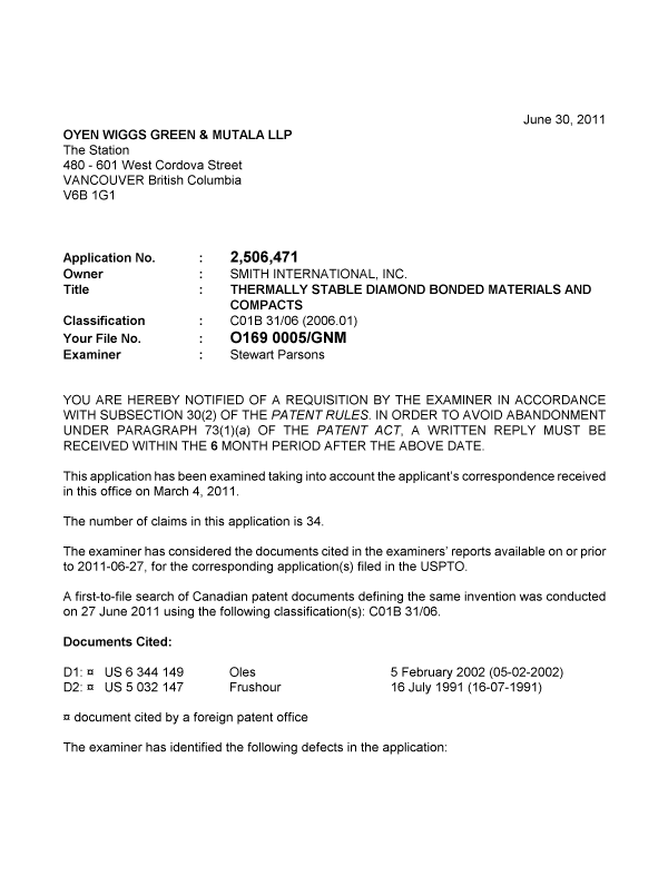 Document de brevet canadien 2506471. Poursuite-Amendment 20110630. Image 1 de 4