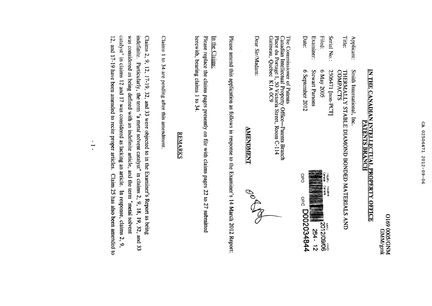 Document de brevet canadien 2506471. Poursuite-Amendment 20120906. Image 1 de 9