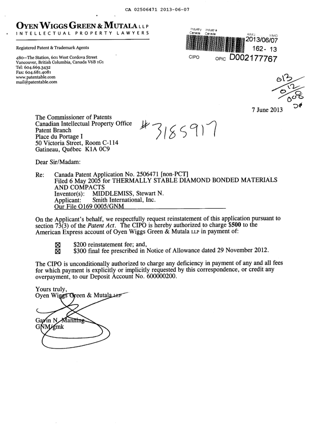 Document de brevet canadien 2506471. Correspondance 20130607. Image 1 de 1
