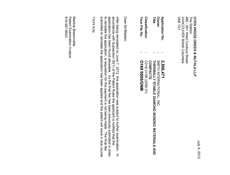 Document de brevet canadien 2506471. Poursuite-Amendment 20130704. Image 1 de 1