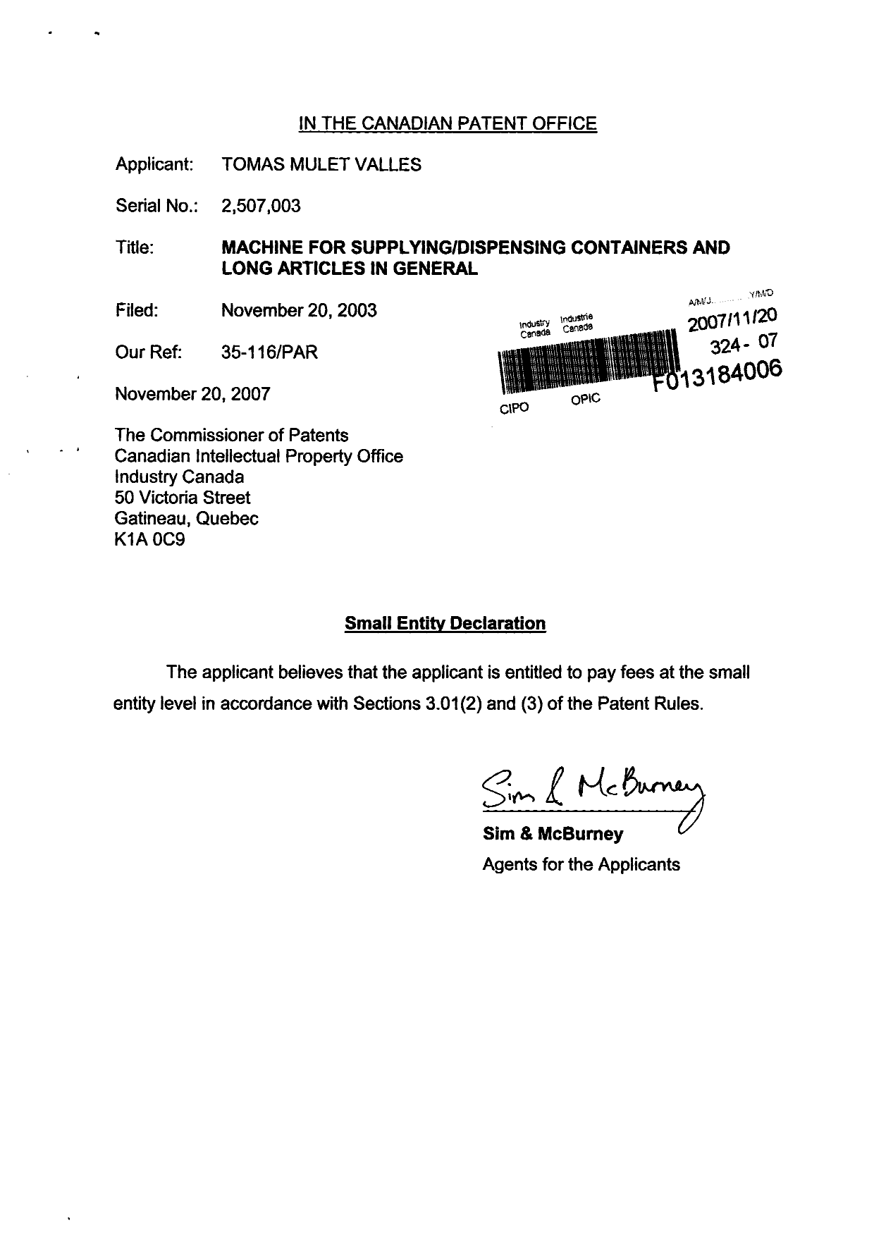 Document de brevet canadien 2507003. Correspondance 20071120. Image 1 de 1