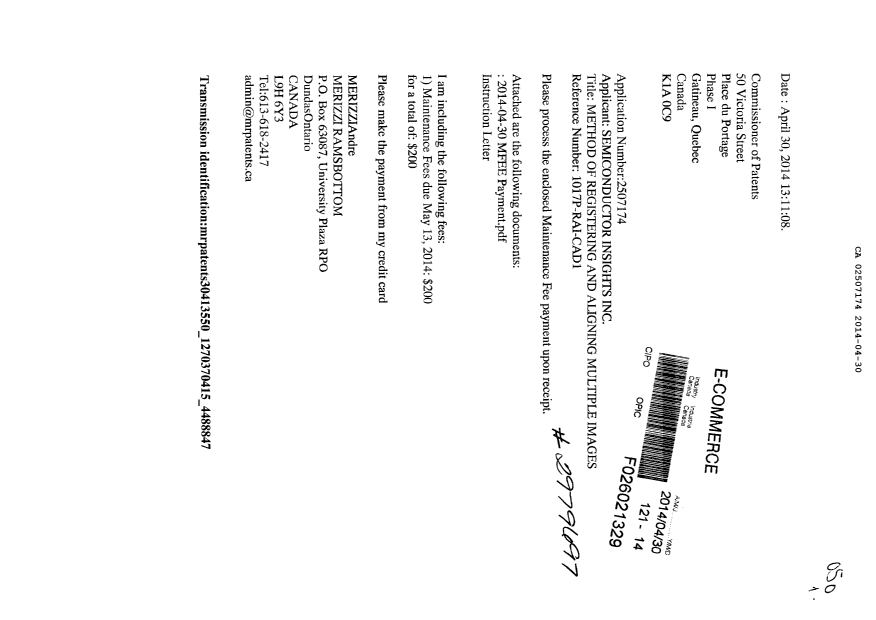 Document de brevet canadien 2507174. Taxes 20140430. Image 1 de 2