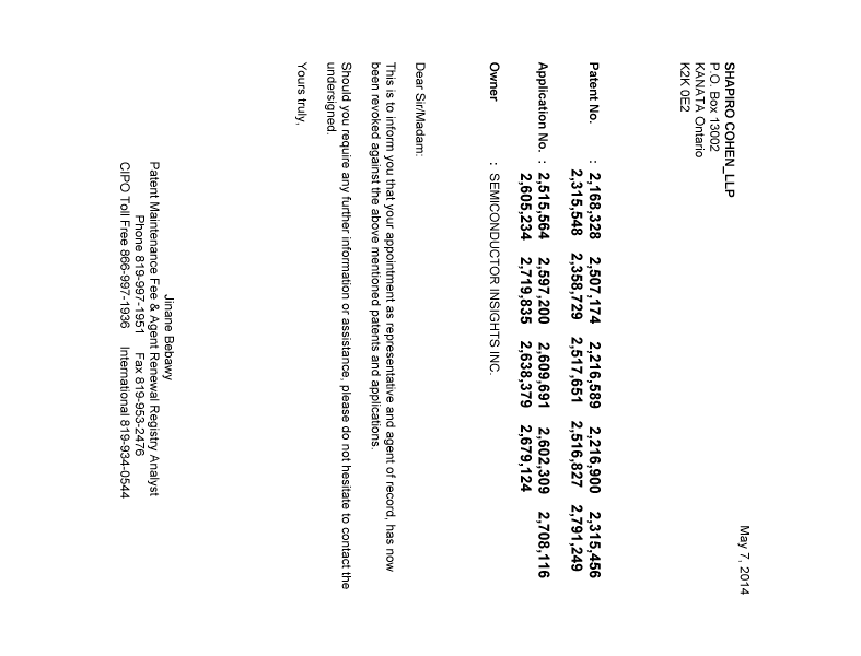 Document de brevet canadien 2507174. Correspondance 20140507. Image 1 de 1