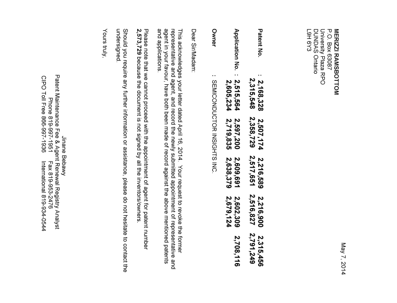 Document de brevet canadien 2507174. Correspondance 20140507. Image 1 de 1