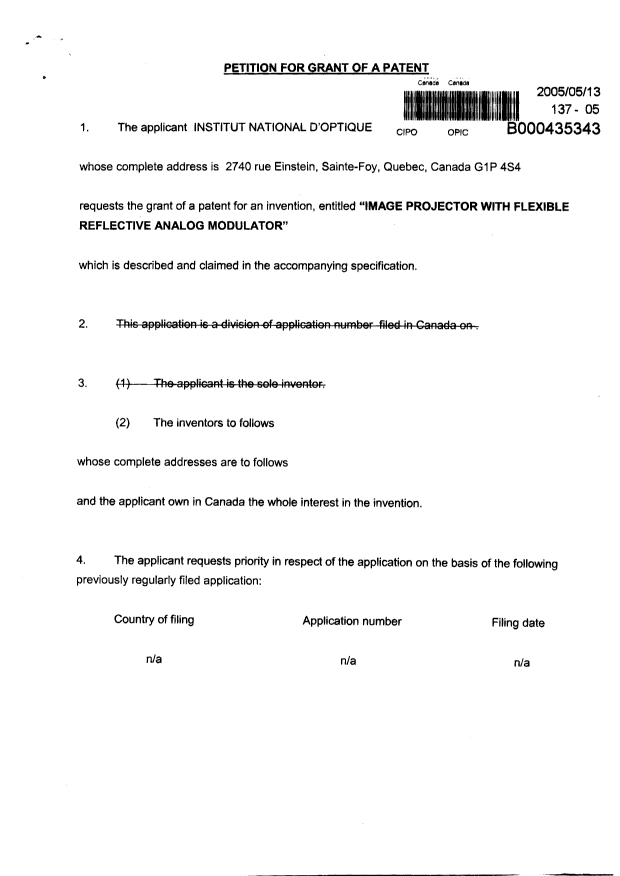 Document de brevet canadien 2507177. Cession 20050513. Image 2 de 3