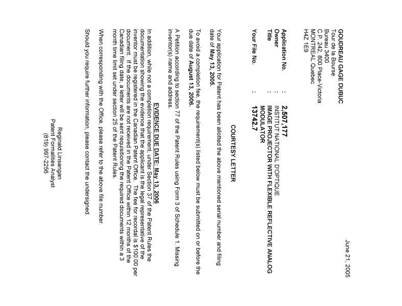 Document de brevet canadien 2507177. Correspondance 20050620. Image 1 de 1