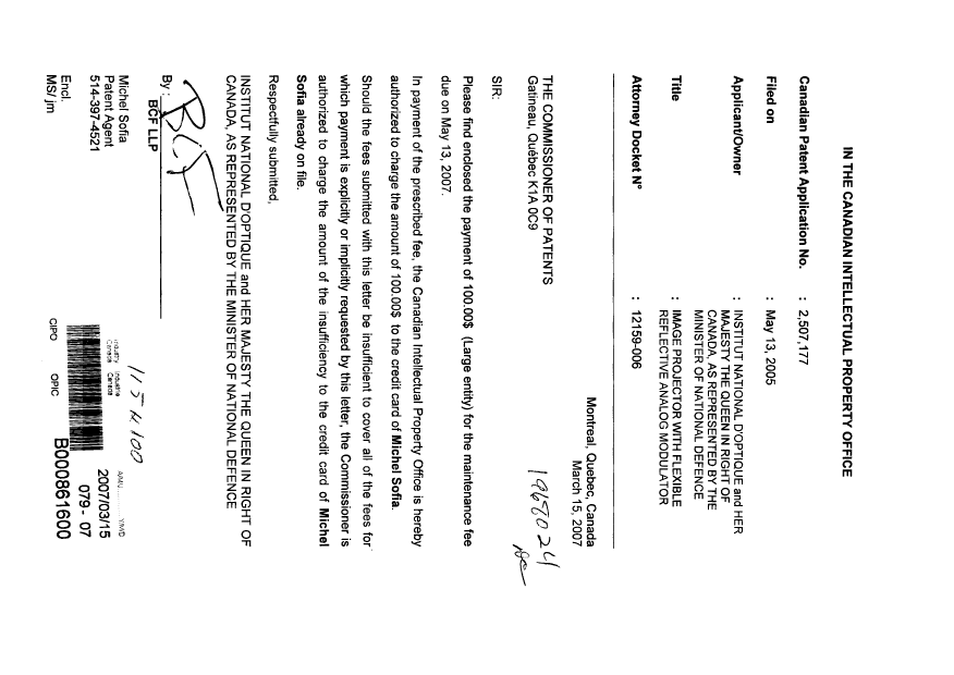 Document de brevet canadien 2507177. Taxes 20070315. Image 1 de 1
