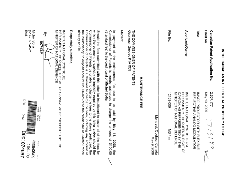 Document de brevet canadien 2507177. Taxes 20080509. Image 1 de 1