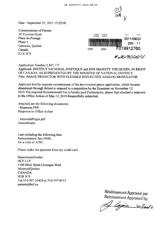 Canadian Patent Document 2507177. Prosecution-Amendment 20110923. Image 1 of 47