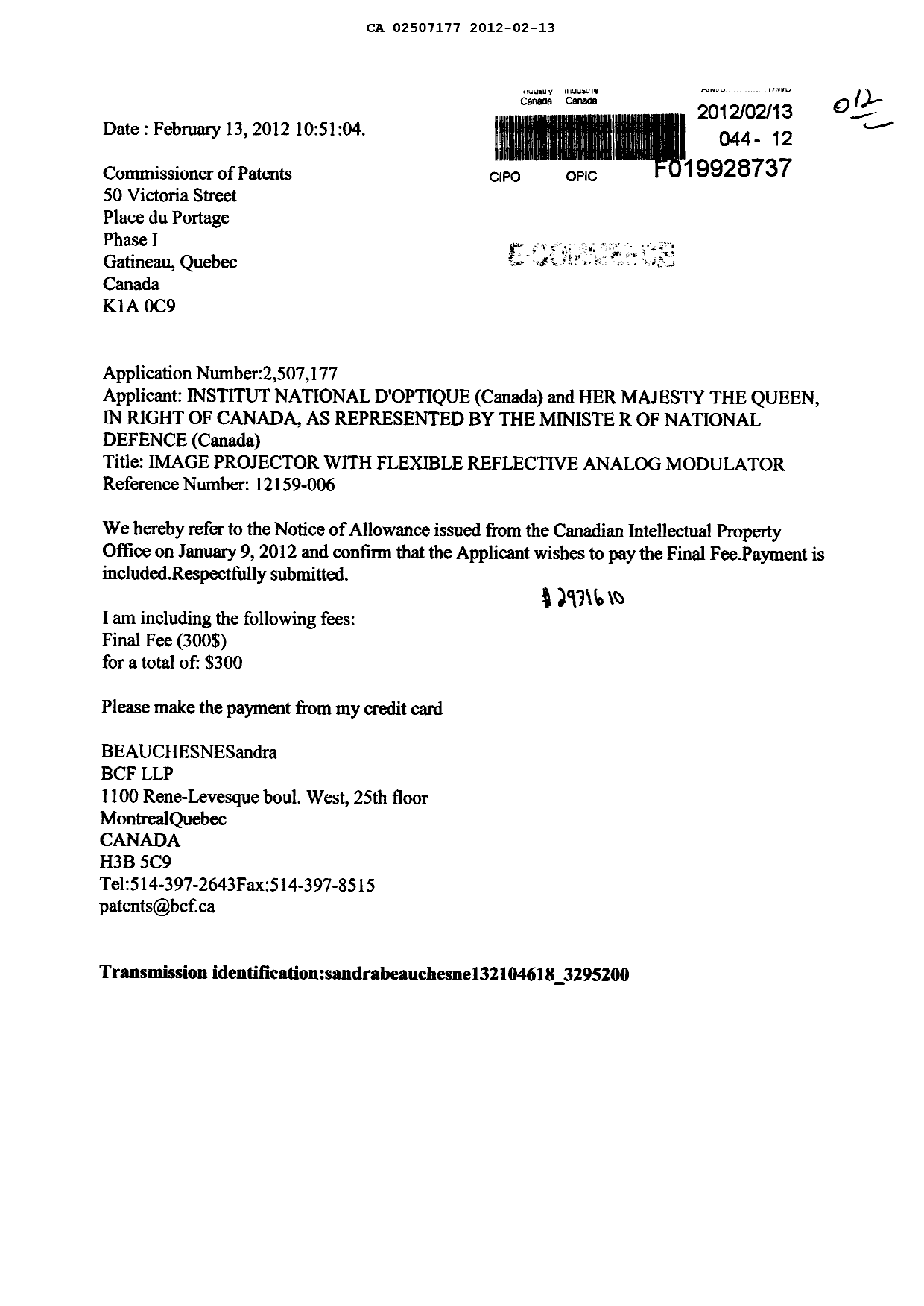Document de brevet canadien 2507177. Correspondance 20120213. Image 1 de 1