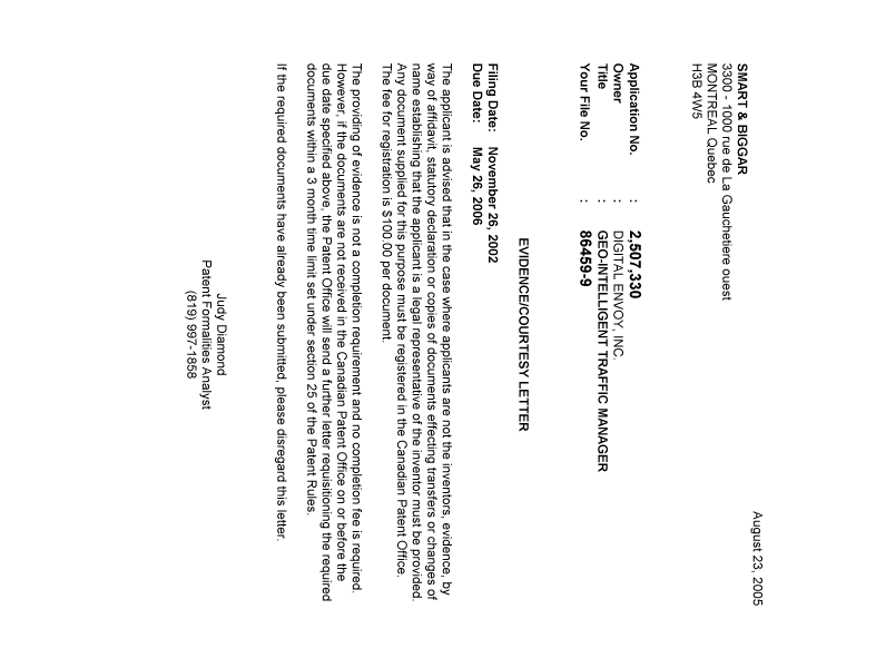 Document de brevet canadien 2507330. Correspondance 20050820. Image 1 de 1