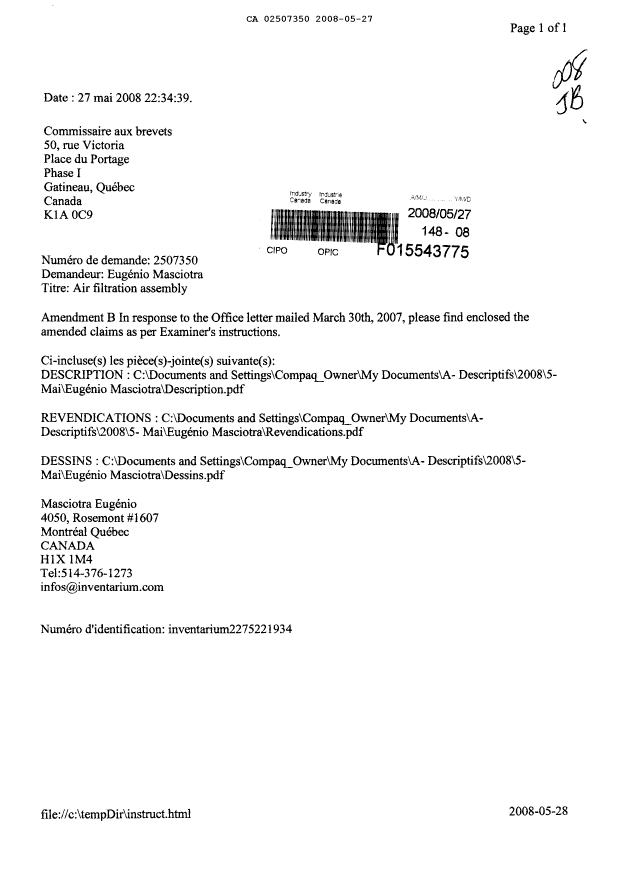 Document de brevet canadien 2507350. Poursuite-Amendment 20080527. Image 1 de 22