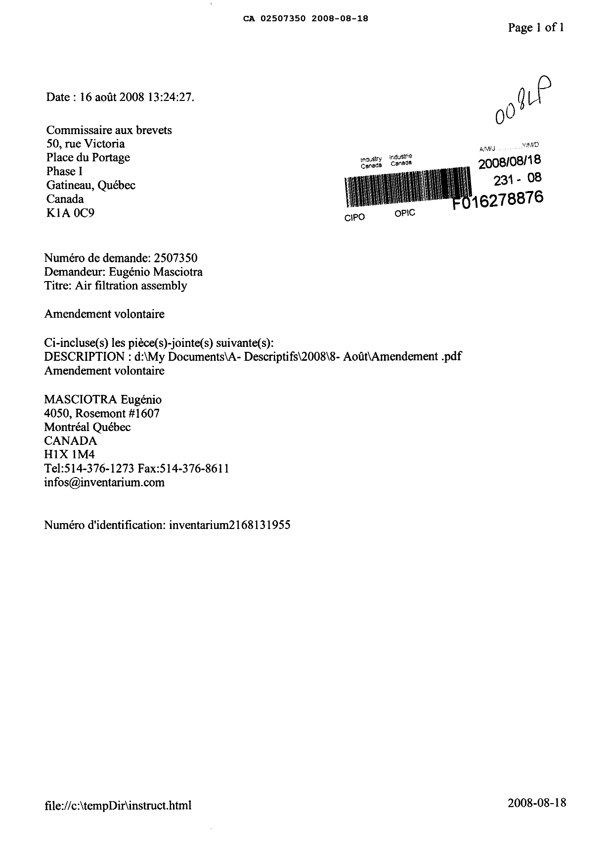 Canadian Patent Document 2507350. Prosecution-Amendment 20080818. Image 1 of 18