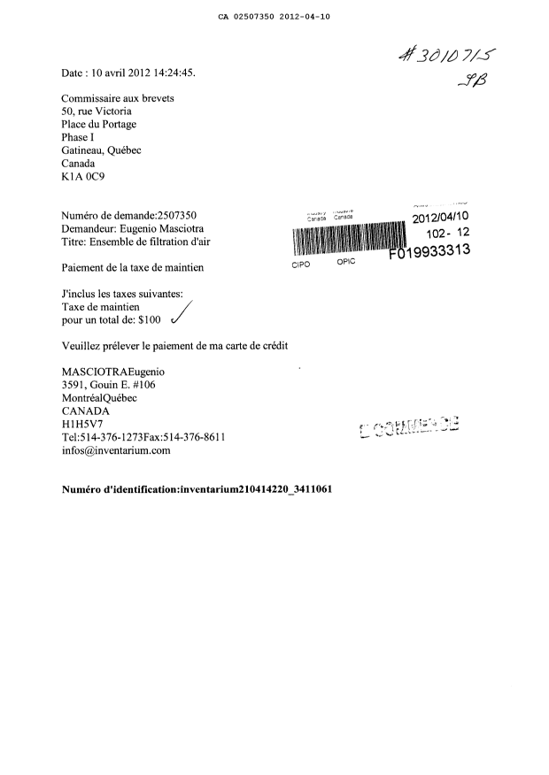 Document de brevet canadien 2507350. Taxes 20120410. Image 1 de 1