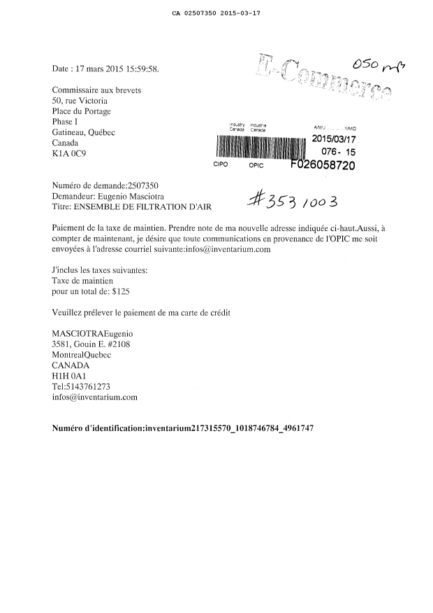 Document de brevet canadien 2507350. Taxes 20150317. Image 1 de 1