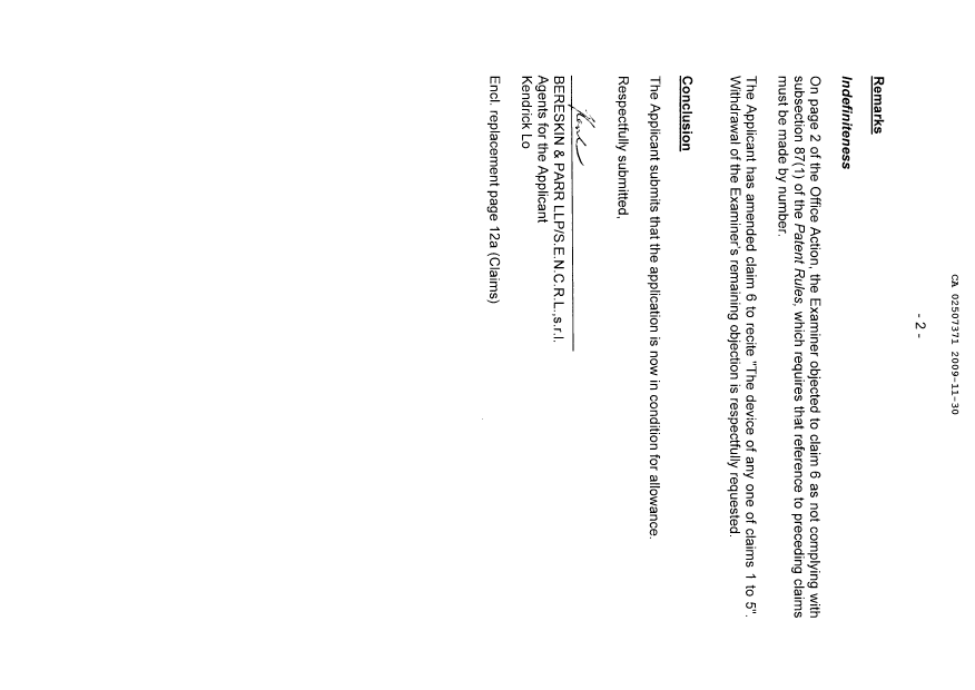 Canadian Patent Document 2507371. Prosecution-Amendment 20091130. Image 2 of 3
