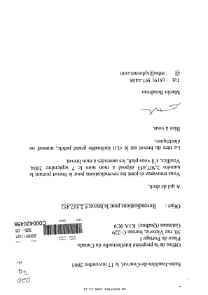 Document de brevet canadien 2507453. Correspondance 20041221. Image 1 de 2