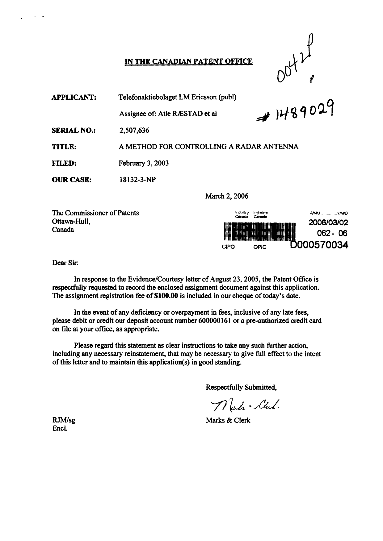 Document de brevet canadien 2507636. Cession 20060302. Image 1 de 2