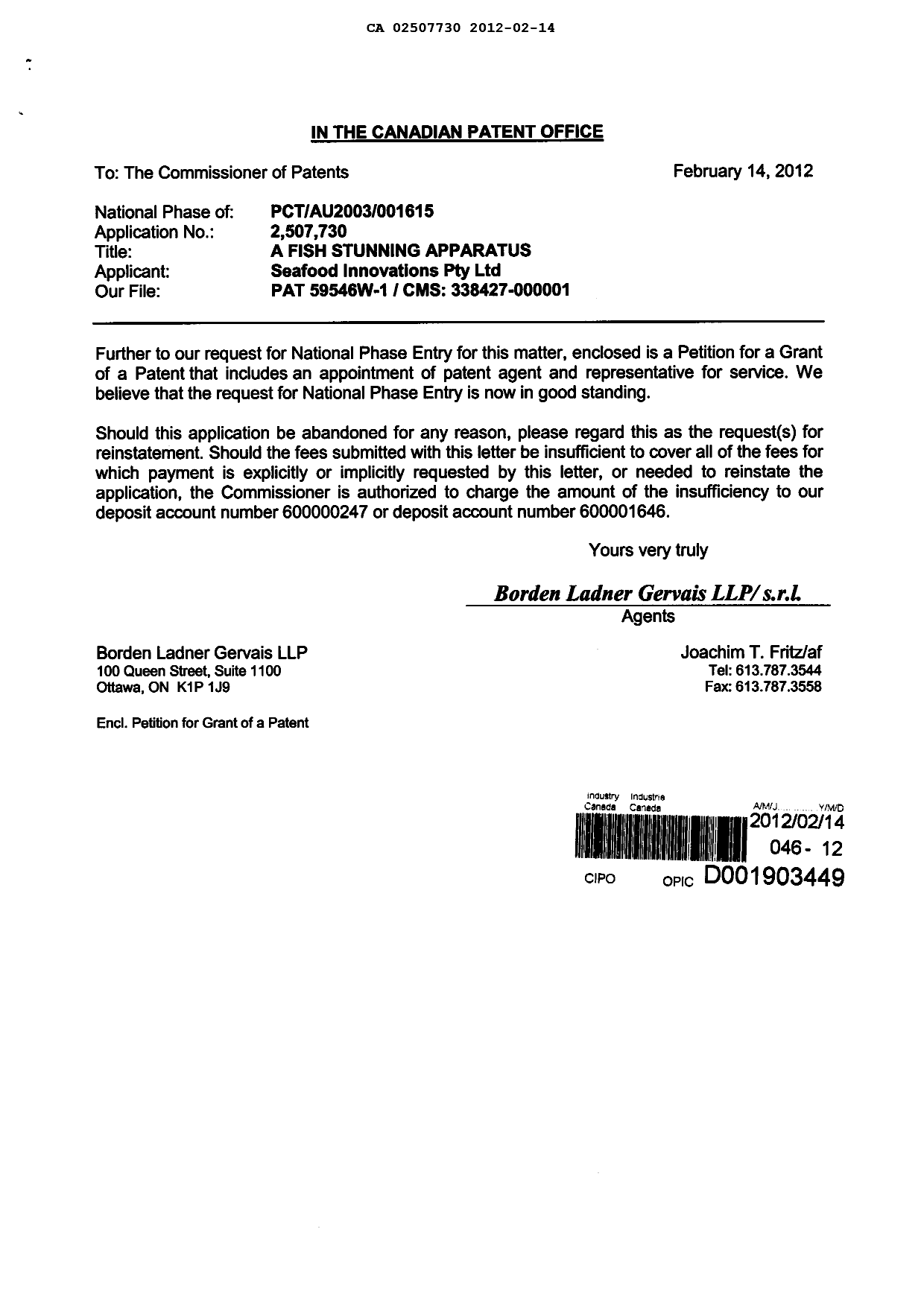 Document de brevet canadien 2507730. Correspondance 20120214. Image 1 de 3