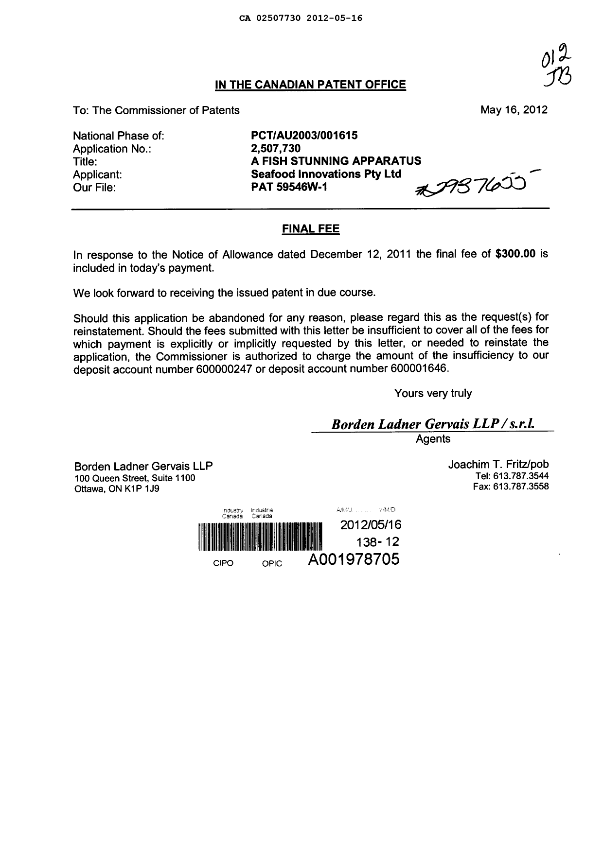 Canadian Patent Document 2507730. Correspondence 20120516. Image 1 of 1