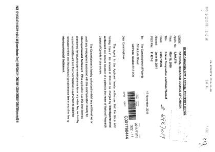 Document de brevet canadien 2507779. Correspondance 20111118. Image 1 de 3