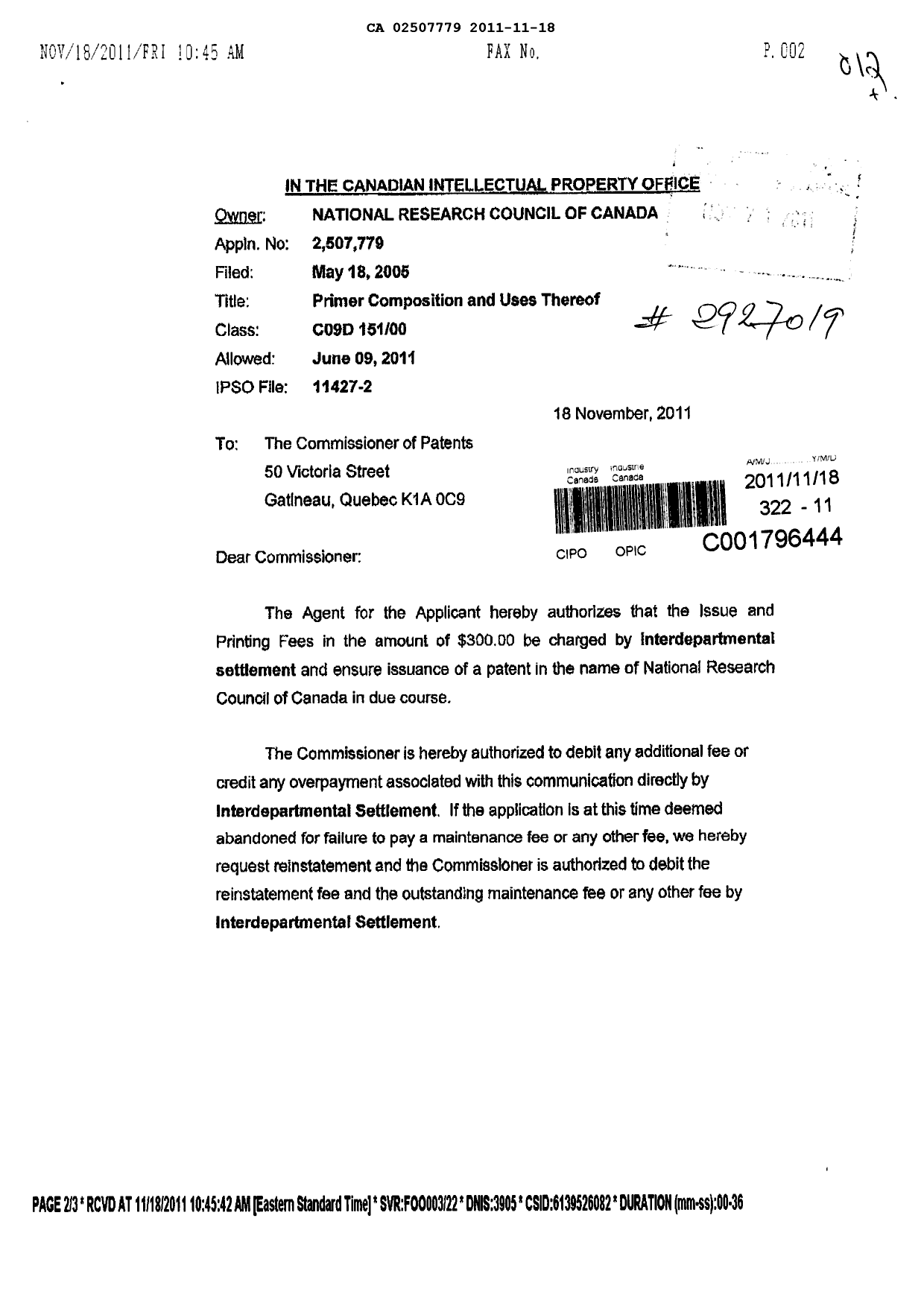 Canadian Patent Document 2507779. Correspondence 20111118. Image 1 of 3
