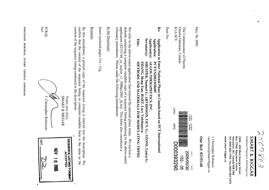 Document de brevet canadien 2507863. Poursuite-Amendment 20050530. Image 1 de 8