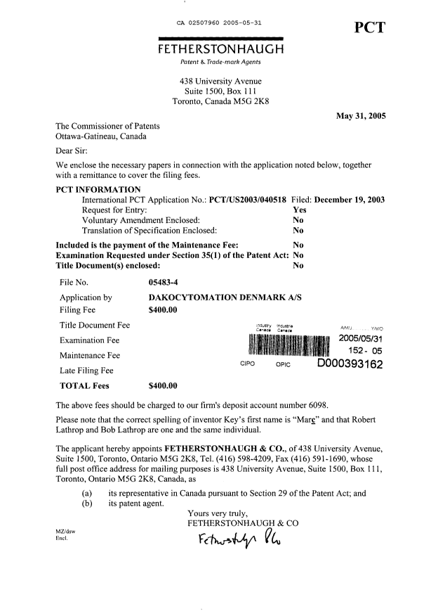 Document de brevet canadien 2507960. Cession 20050531. Image 1 de 3