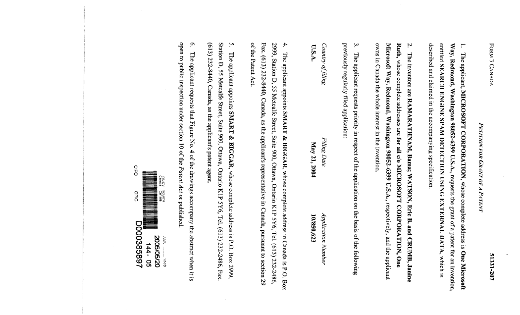 Document de brevet canadien 2508060. Cession 20050520. Image 2 de 8