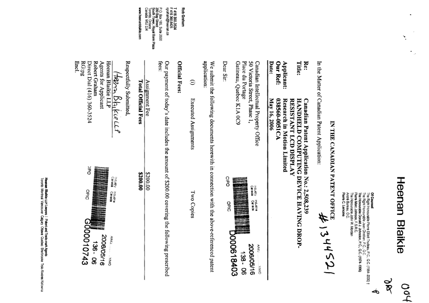 Document de brevet canadien 2508239. Cession 20060516. Image 1 de 4